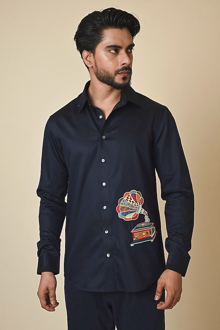 Midnight Blue Giza Cotton Thread Embroidered Party Wear Shirt by PAARSH at Pernia's Pop Up Shop