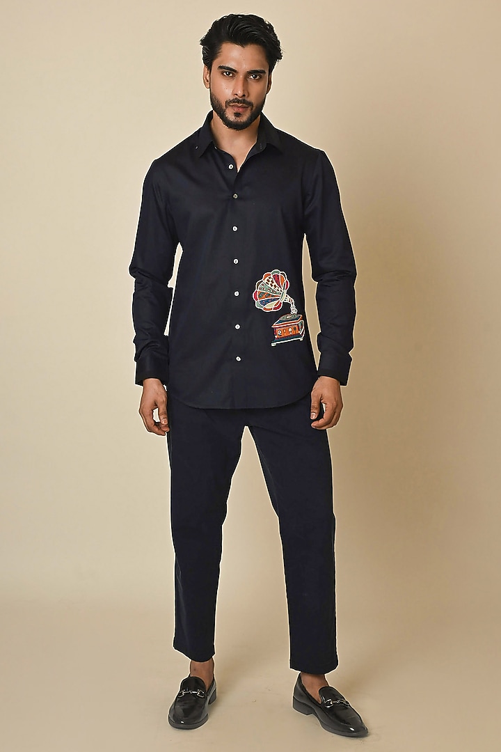 Midnight Blue Giza Cotton Thread Embroidered Party Wear Shirt by PAARSH at Pernia's Pop Up Shop