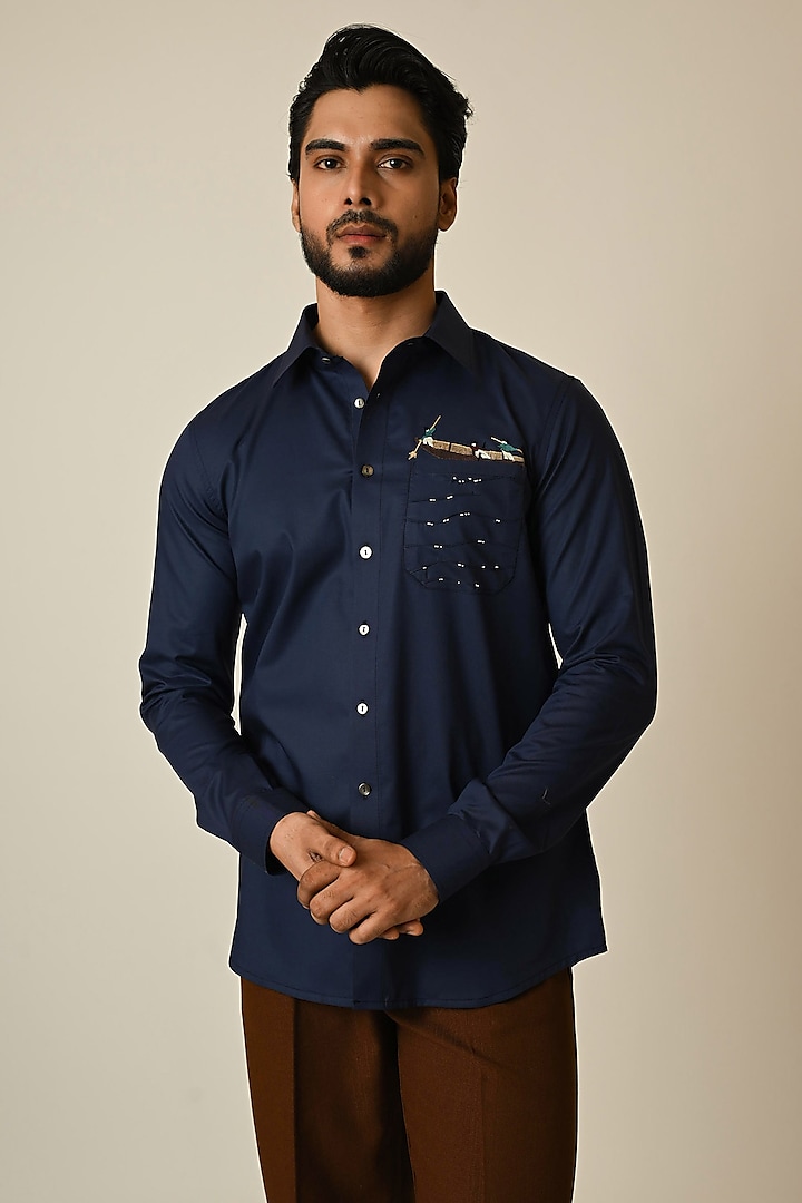 Navy Blue Giza Cotton Motifs Embroidered Shirt by PAARSH