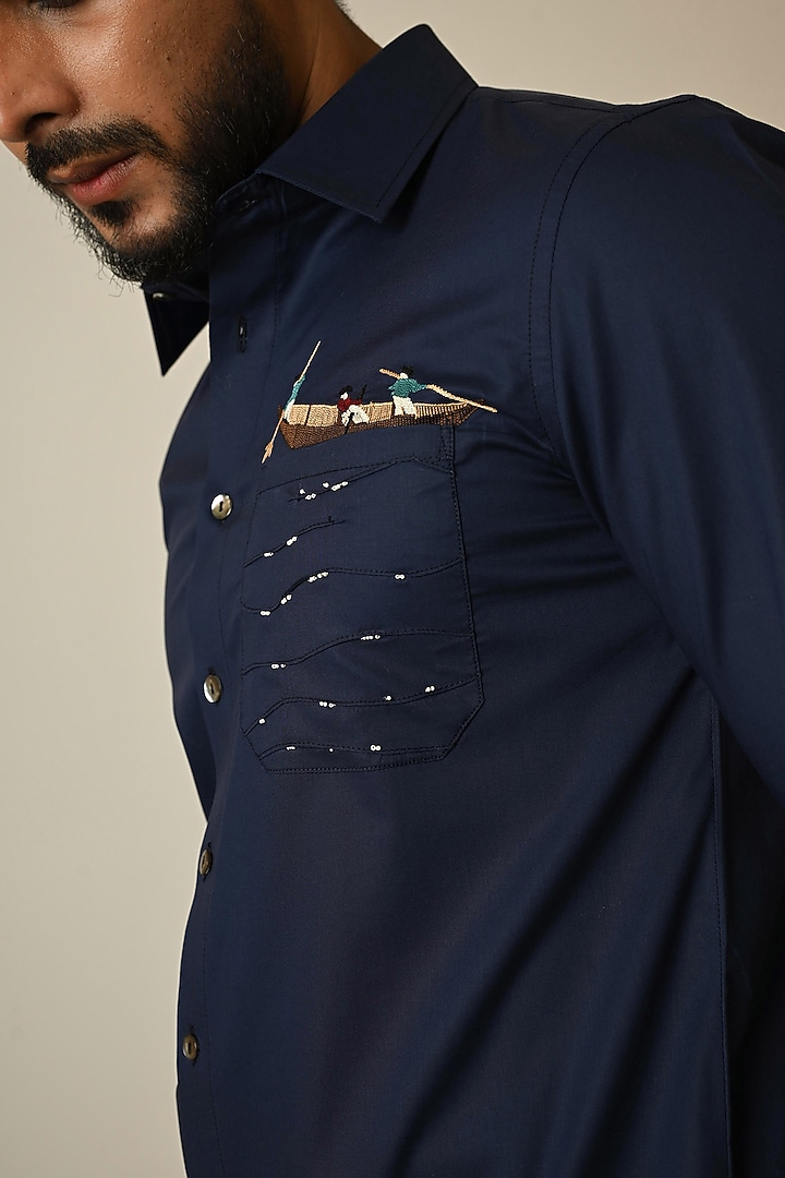 Navy Blue Giza Cotton Motifs Embroidered Party Wear Shirt by PAARSH at Pernia's Pop Up Shop