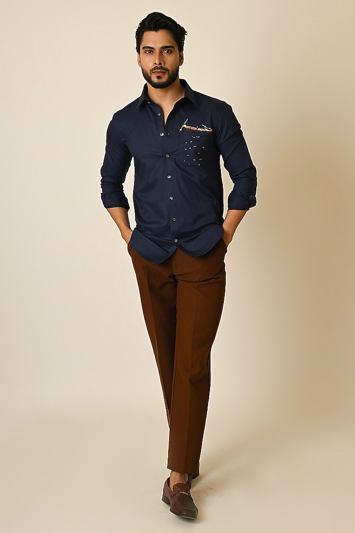Navy Blue Giza Cotton Motifs Embroidered Party Wear Shirt by PAARSH at Pernia's Pop Up Shop