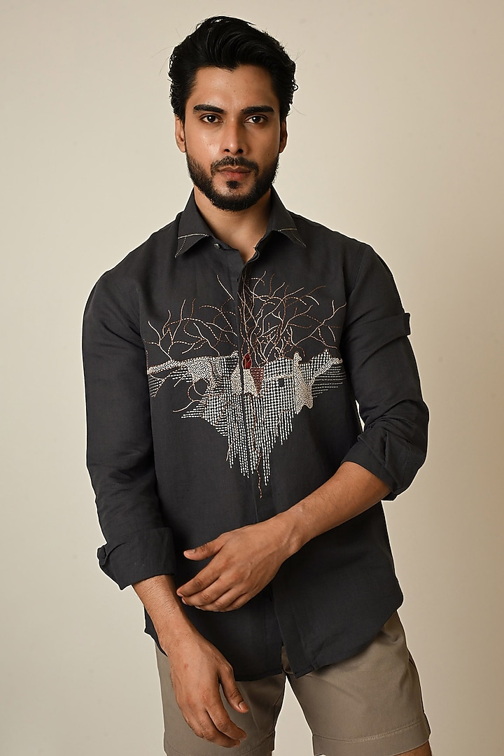 Grey Pure Linen Thread Embroidered Party Wear Shirt by PAARSH at Pernia's Pop Up Shop