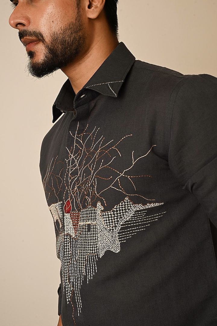 Grey Pure Linen Thread Embroidered Party Wear Shirt by PAARSH at Pernia's Pop Up Shop