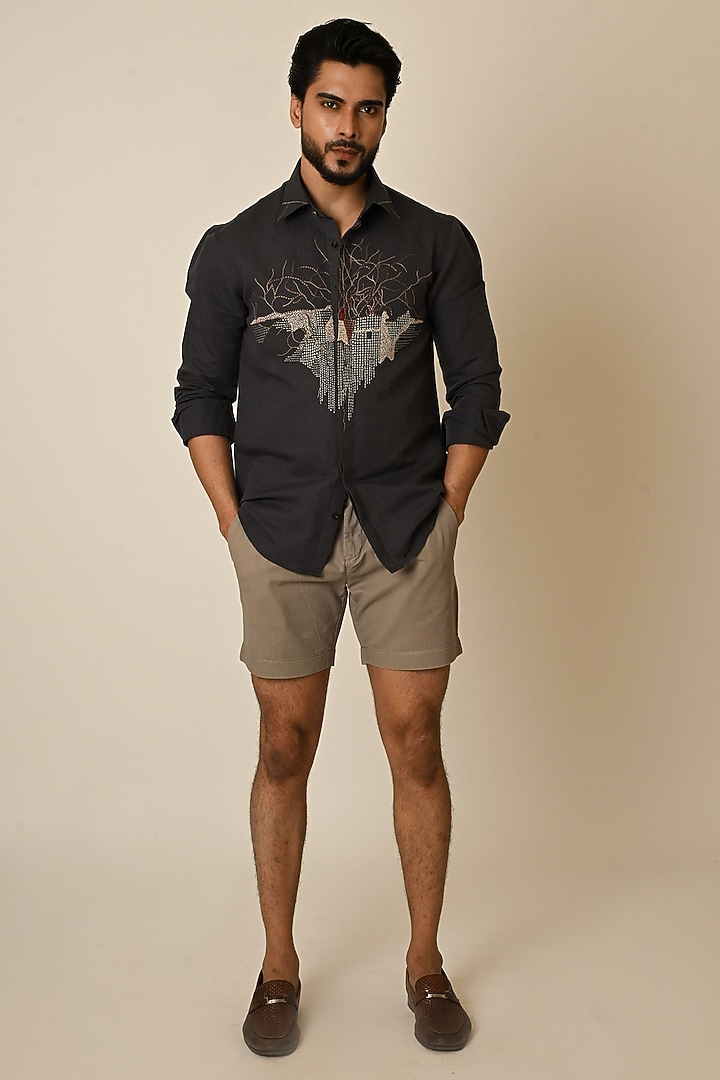 Grey Pure Linen Thread Embroidered Party Wear Shirt by PAARSH at Pernia's Pop Up Shop