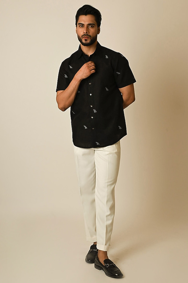Black Pure Linen Thread Embroidered Party Wear Shirt by PAARSH at Pernia's Pop Up Shop