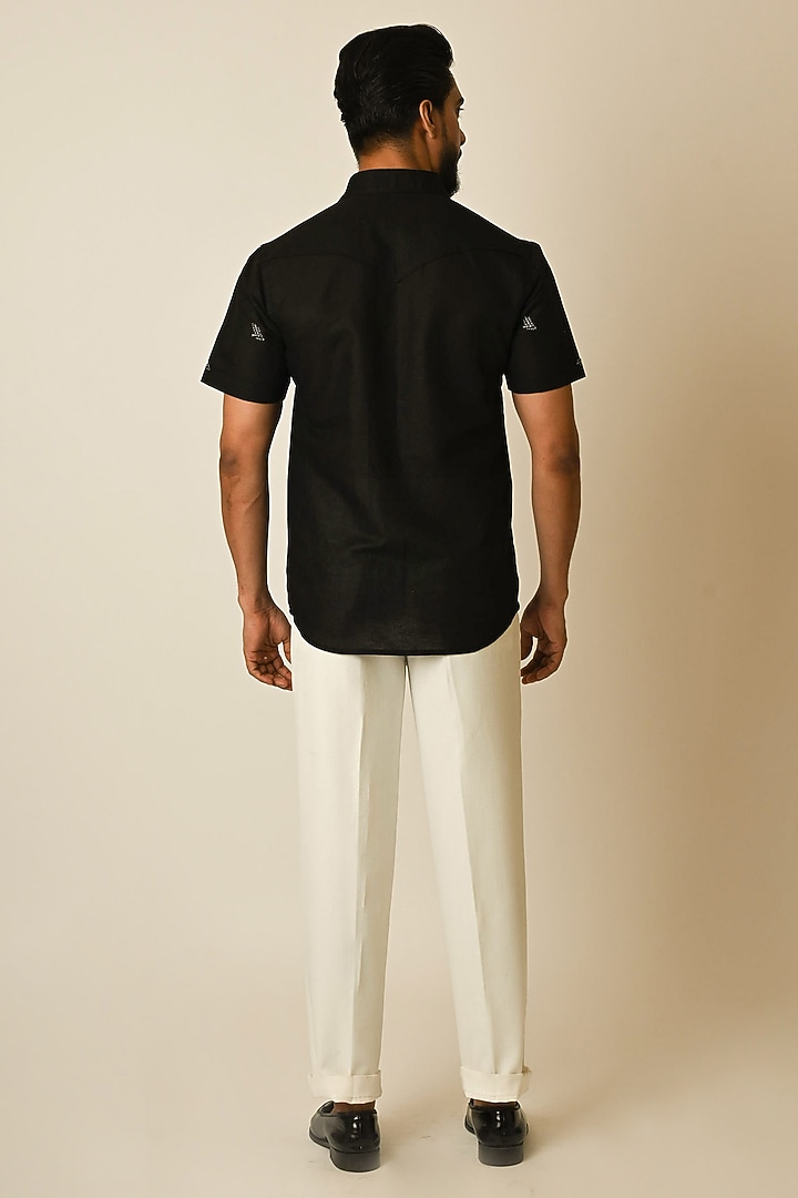 Black Pure Linen Thread Embroidered Party Wear Shirt by PAARSH at Pernia's Pop Up Shop