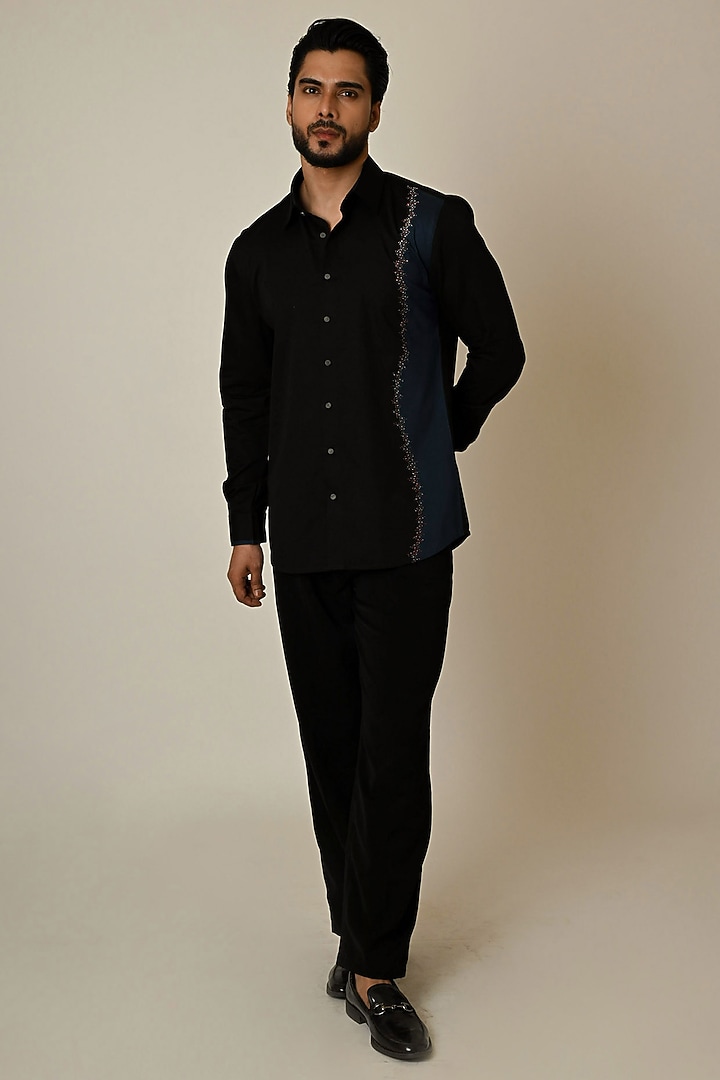 Black & Teal Color-Blocked Giza Cotton Threadwork Party Wear Shirt by PAARSH at Pernia's Pop Up Shop