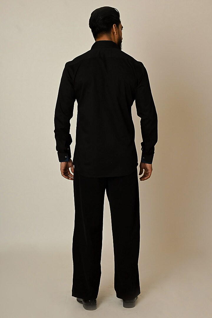 Black & Teal Color-Blocked Giza Cotton Threadwork Party Wear Shirt by PAARSH at Pernia's Pop Up Shop