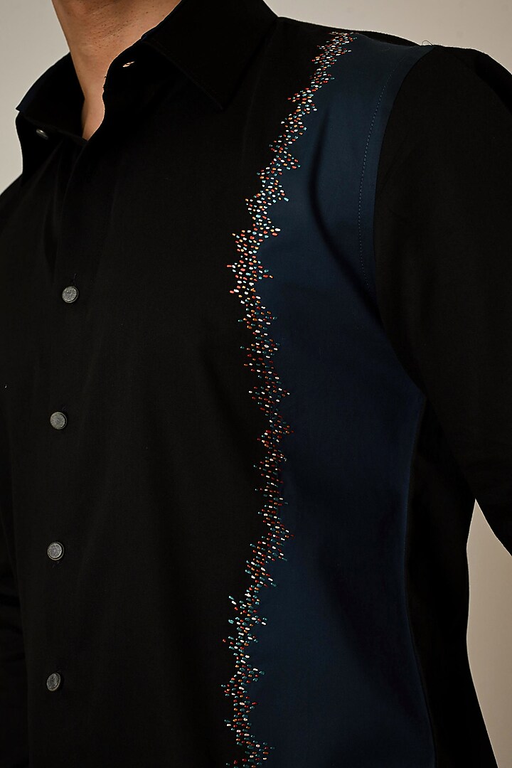 Black & Teal Color-Blocked Giza Cotton Threadwork Party Wear Shirt by PAARSH at Pernia's Pop Up Shop