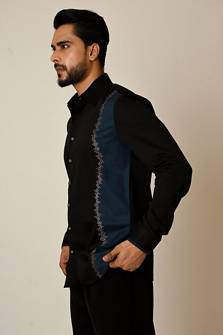 Black & Teal Color-Blocked Giza Cotton Threadwork Party Wear Shirt by PAARSH at Pernia's Pop Up Shop
