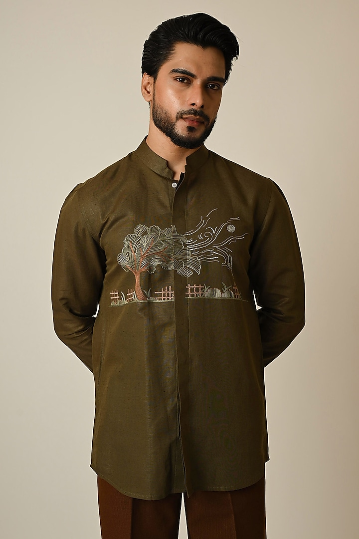 Olive Green Pure Linen Embroidered Shirt by PAARSH