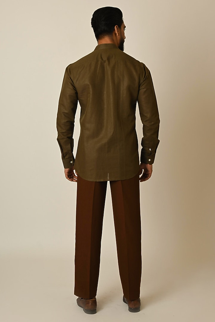 Olive Green Pure Linen Embroidered Party Wear Shirt by PAARSH at Pernia's Pop Up Shop