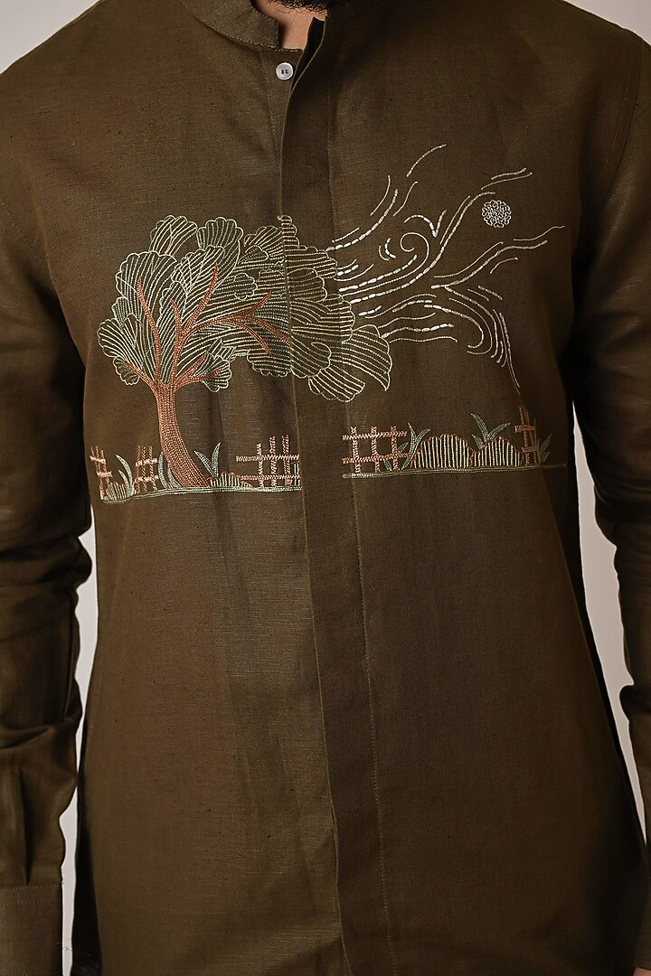 Olive Green Pure Linen Embroidered Party Wear Shirt by PAARSH at Pernia's Pop Up Shop