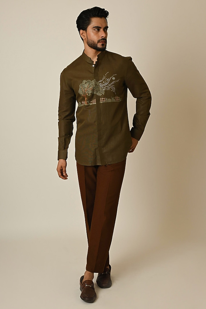 Olive Green Pure Linen Embroidered Party Wear Shirt by PAARSH at Pernia's Pop Up Shop