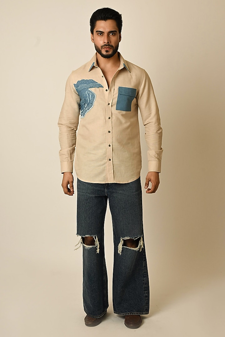 Beige Pure Linen & Denim Threadwork Party Wear Shirt by PAARSH at Pernia's Pop Up Shop
