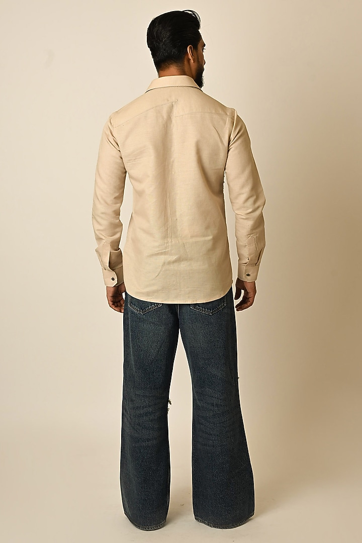Beige Pure Linen & Denim Threadwork Party Wear Shirt by PAARSH at Pernia's Pop Up Shop
