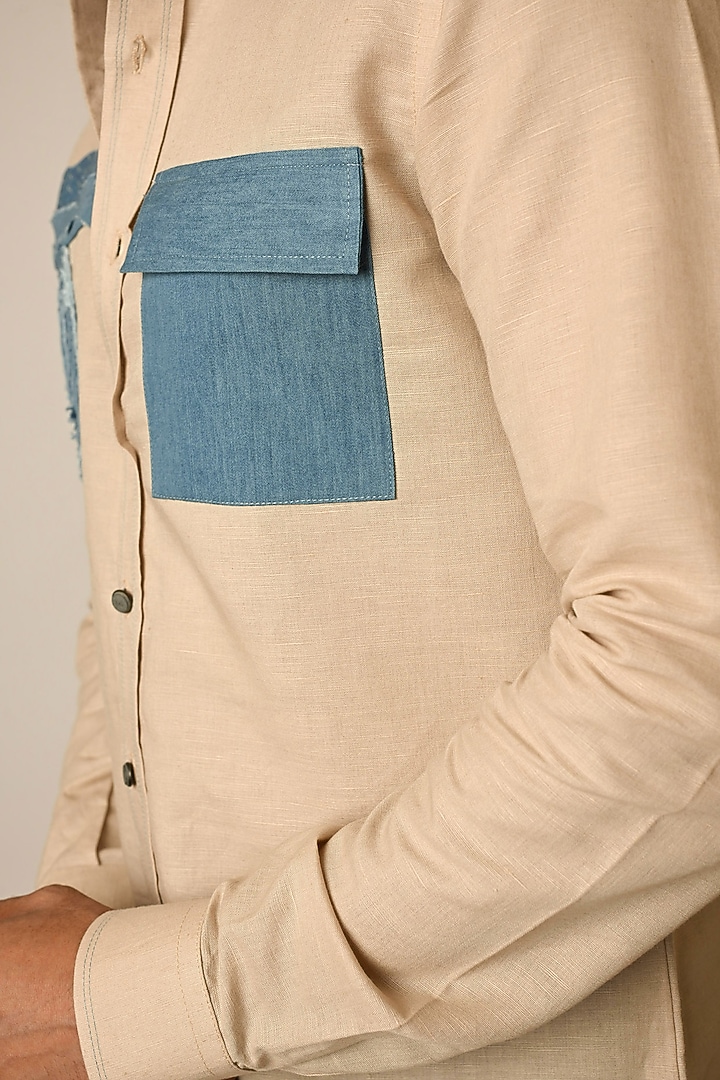 Beige Pure Linen & Denim Threadwork Party Wear Shirt by PAARSH at Pernia's Pop Up Shop