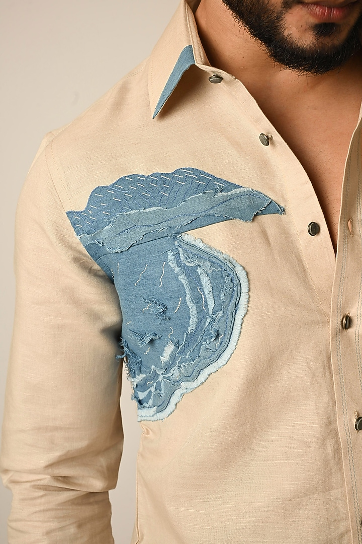 Beige Pure Linen & Denim Threadwork Party Wear Shirt by PAARSH at Pernia's Pop Up Shop