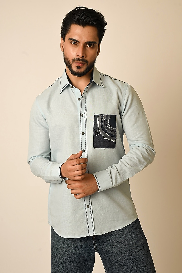 Powder Blue Pure Linen Party Wear Shirt by PAARSH at Pernia's Pop Up Shop