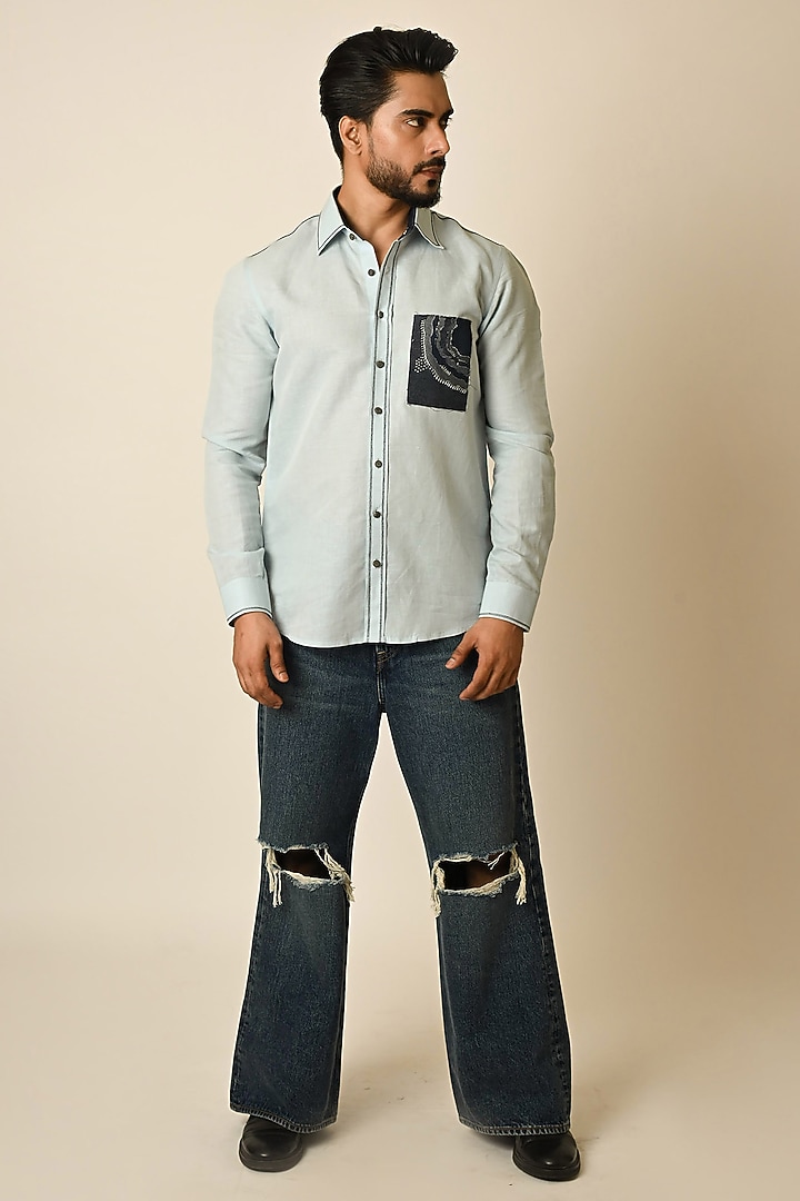 Powder Blue Pure Linen Party Wear Shirt by PAARSH at Pernia's Pop Up Shop