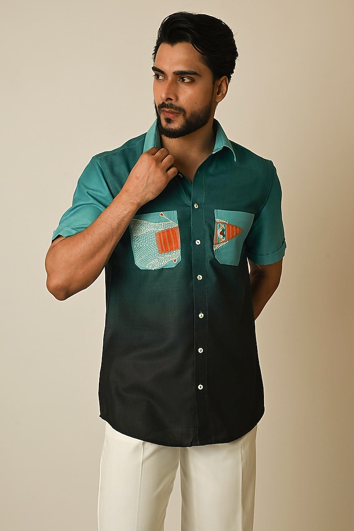 Teal Textured Linen Shaded Shirt by PAARSH