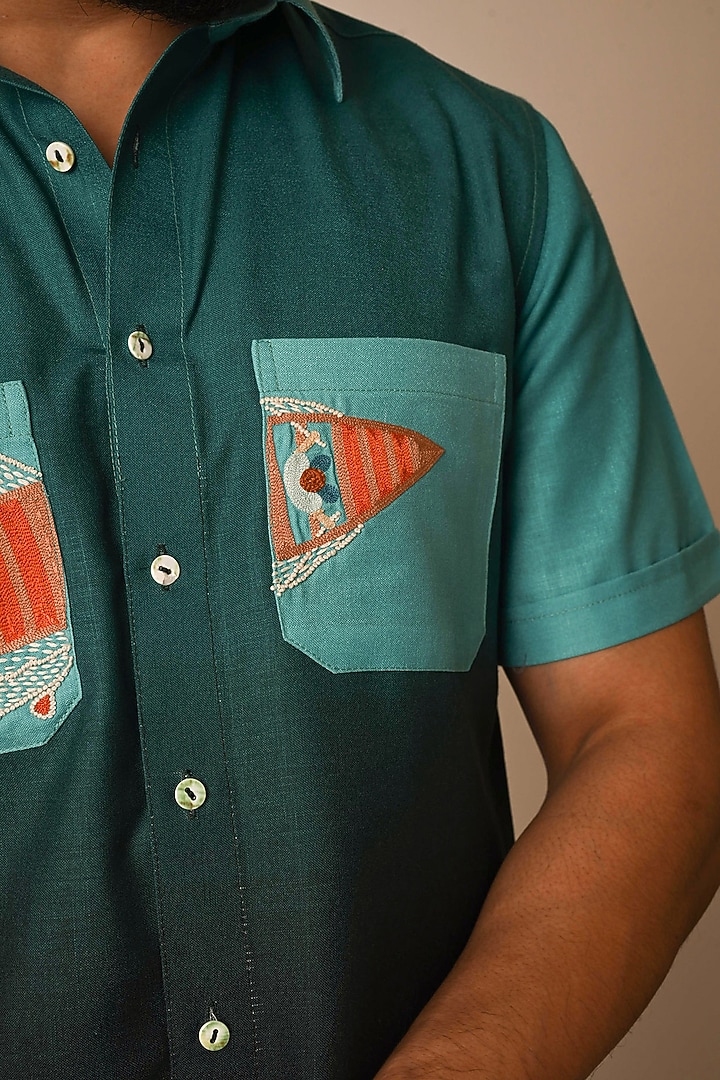 Teal Textured Linen Shaded Party Wear Shirt by PAARSH at Pernia's Pop Up Shop