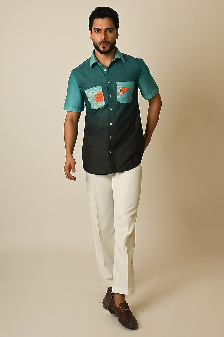 Teal Textured Linen Shaded Party Wear Shirt by PAARSH at Pernia's Pop Up Shop