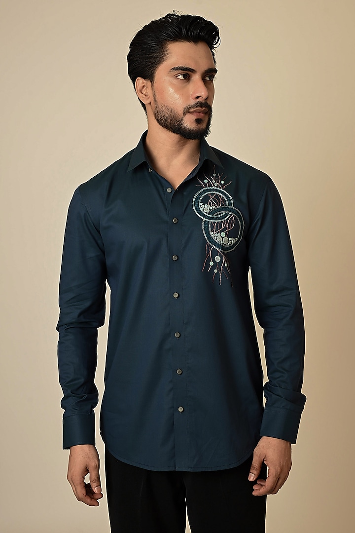 Teal Giza Cotton Thread Embroidered Shirt by PAARSH