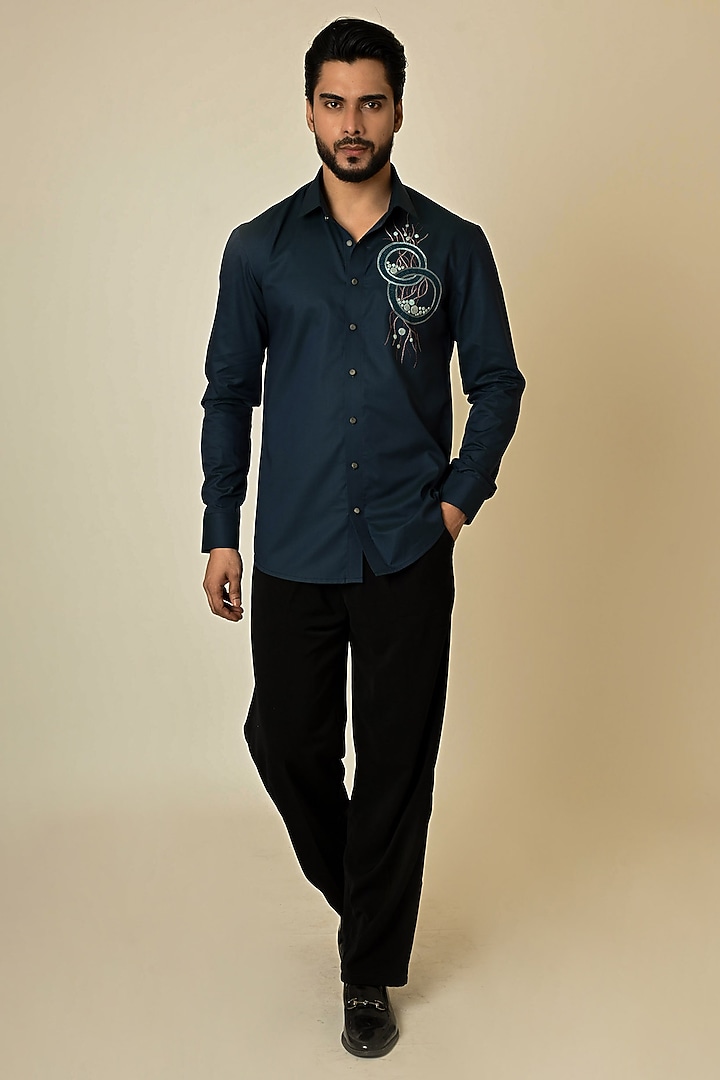 Teal Giza Cotton Thread Embroidered Party Wear Shirt by PAARSH at Pernia's Pop Up Shop