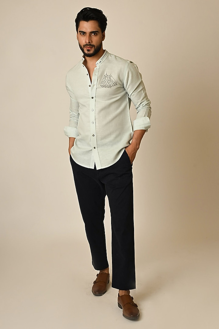 Light Blue Linen Thread Embroidered Party Wear Shirt by PAARSH at Pernia's Pop Up Shop
