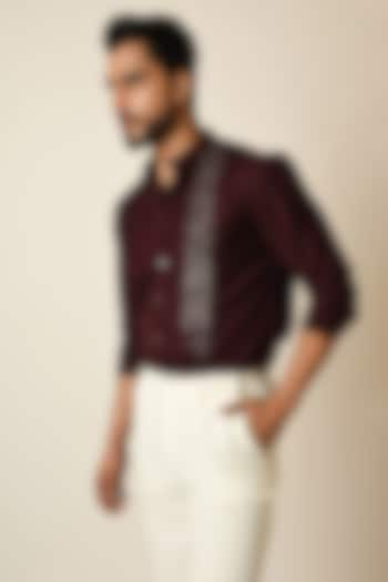 Red Wine Terrycot Thread Embroidered Shirt by PAARSH