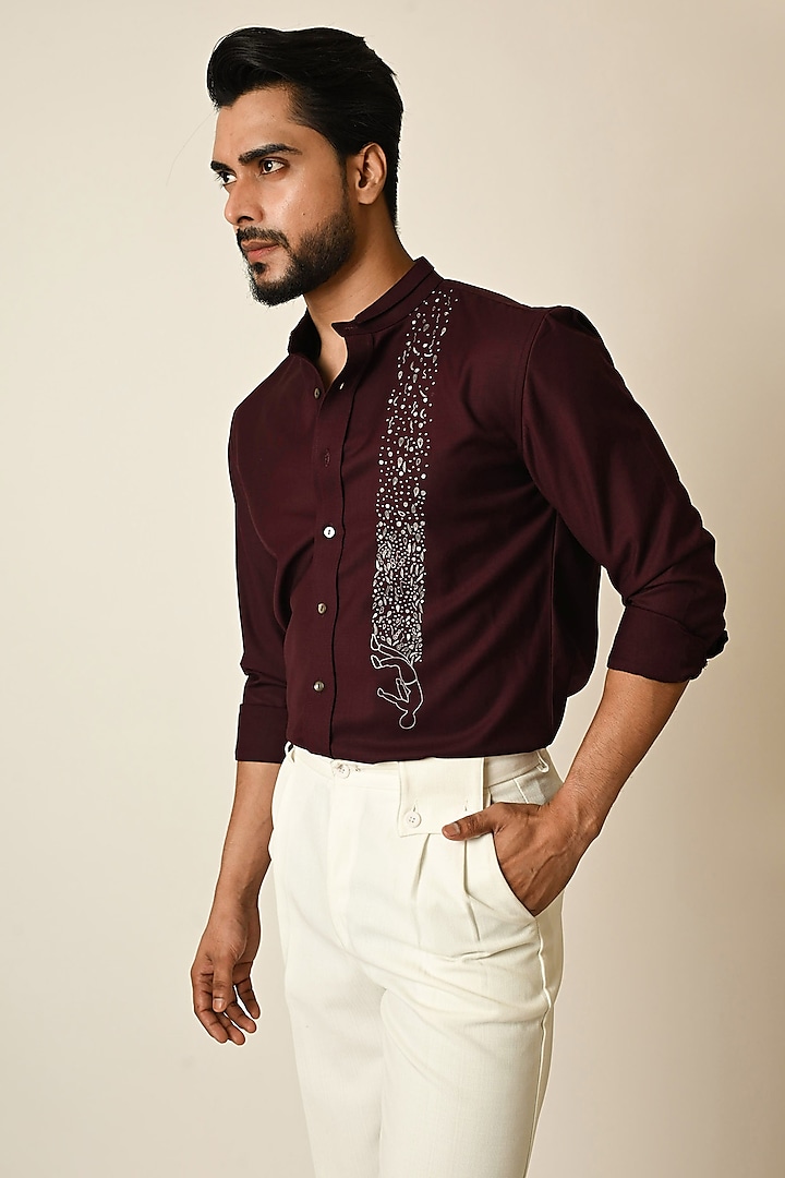 Red Wine Terrycot Thread Embroidered Shirt by PAARSH