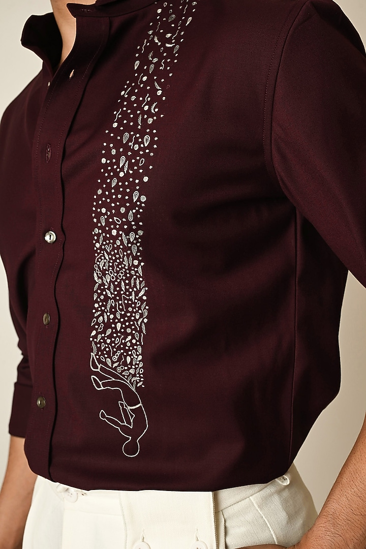 Red Wine Terrycot Thread Embroidered Party Wear Shirt by PAARSH at Pernia's Pop Up Shop