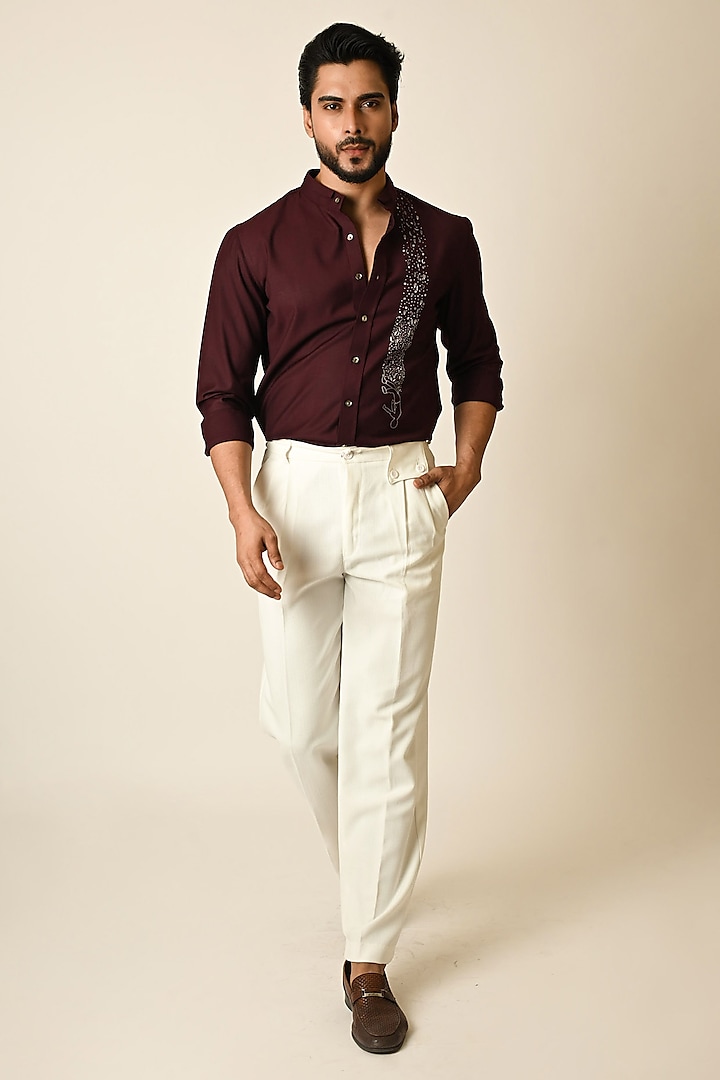 Red Wine Terrycot Thread Embroidered Party Wear Shirt by PAARSH at Pernia's Pop Up Shop