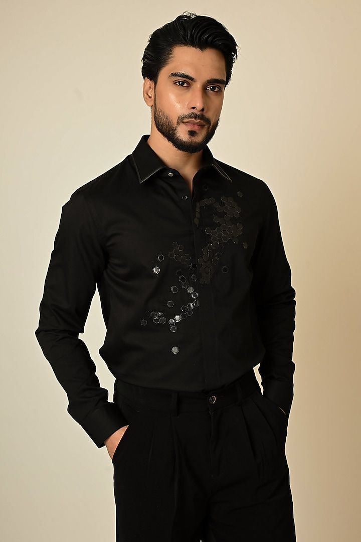 Black Cotton Cutdana Embellished Shirt by PAARSH