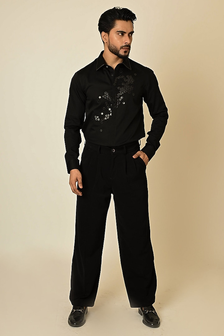 Black Cotton Cutdana Embellished Party Wear Shirt by PAARSH at Pernia's Pop Up Shop