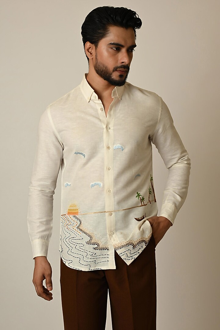 Off-White Linen Thread Embroidered Shirt by PAARSH