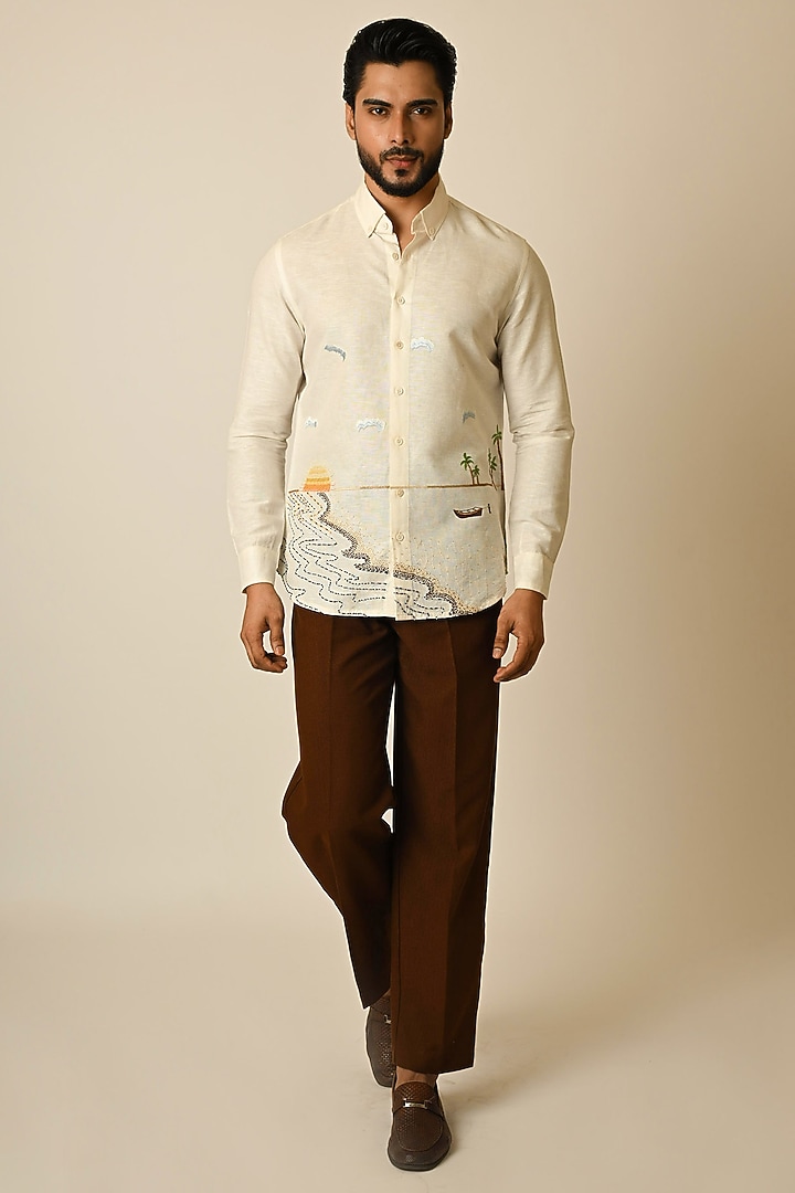 Off-White Linen Thread Embroidered Party Wear Shirt by PAARSH at Pernia's Pop Up Shop