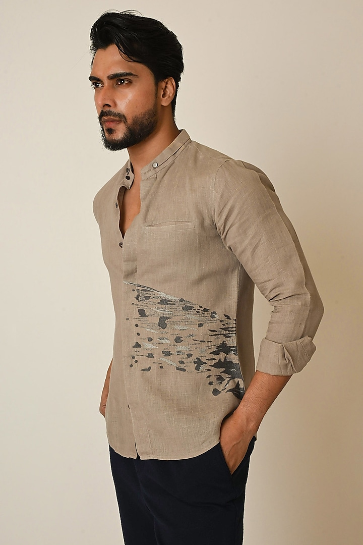 Dark Beige Linen Thread Embroidered Shirt by PAARSH