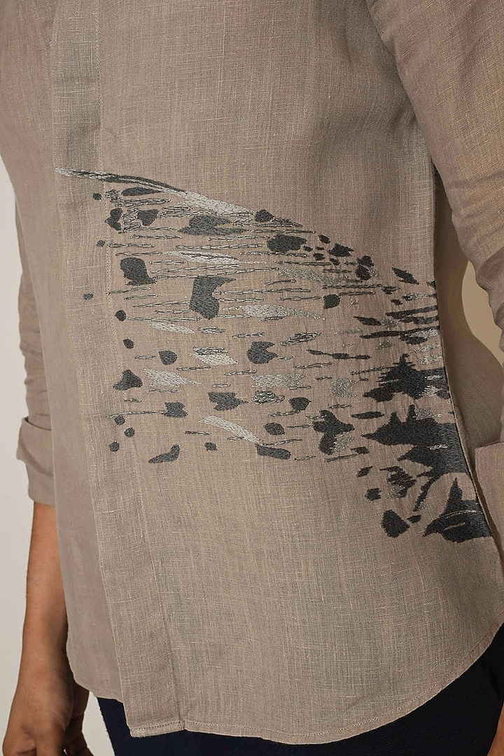 Dark Beige Linen Thread Embroidered Party Wear Shirt by PAARSH at Pernia's Pop Up Shop