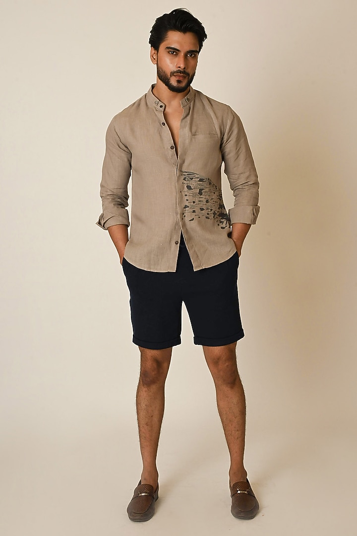Dark Beige Linen Thread Embroidered Party Wear Shirt by PAARSH at Pernia's Pop Up Shop