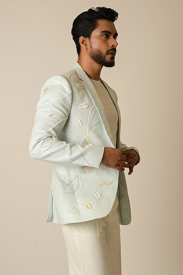 Light Blue Linen Thread Embellished Blazer by PAARSH