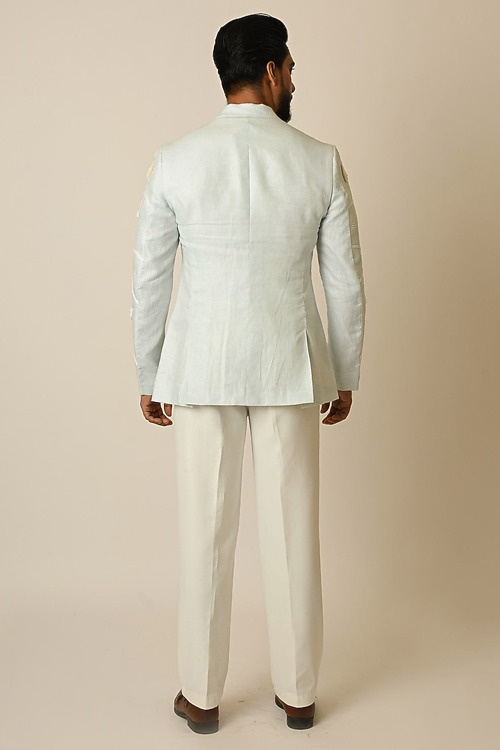 Light Blue Linen Thread Embellished Blazer by PAARSH at Pernia's Pop Up Shop
