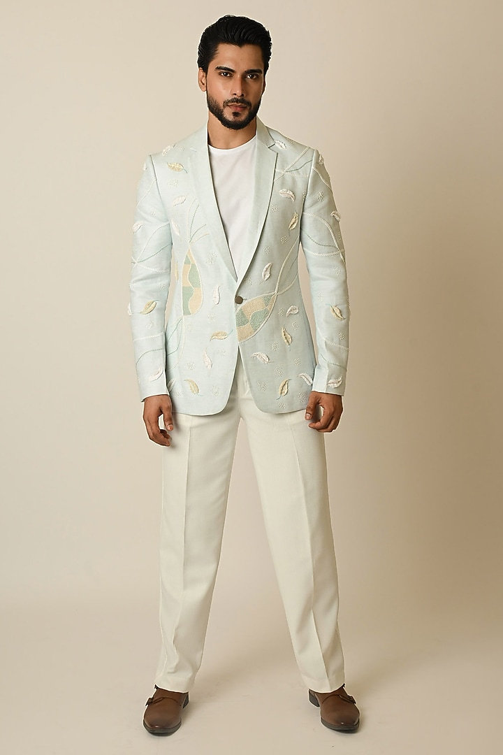 Light Blue Linen Thread Embellished Blazer by PAARSH at Pernia's Pop Up Shop