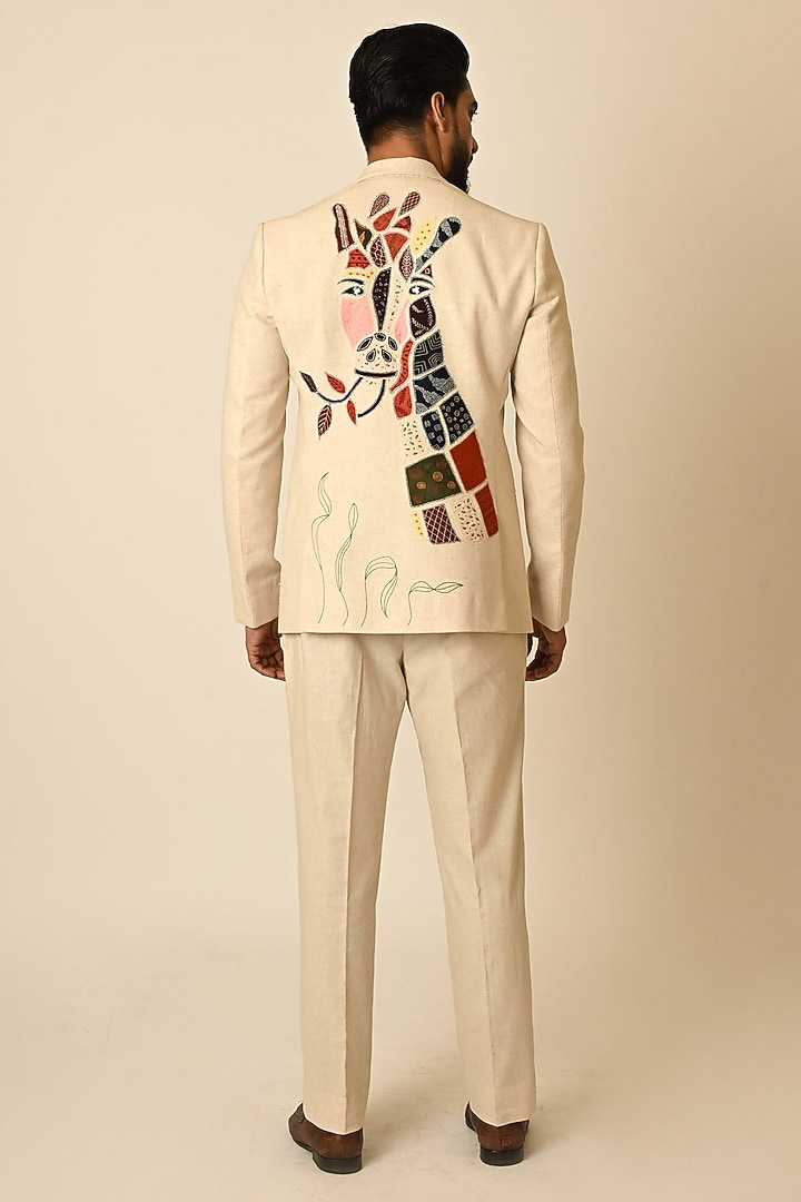 Dusty Beige Linen Applique Embroidered Blazer by PAARSH at Pernia's Pop Up Shop