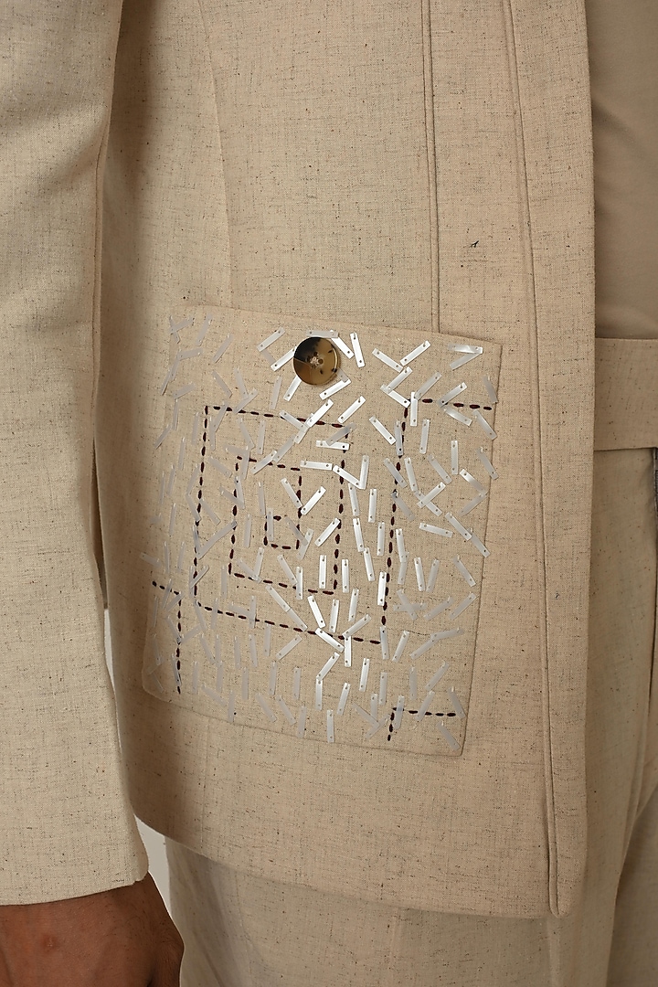 Dusty Beige Linen Applique Embroidered Blazer by PAARSH at Pernia's Pop Up Shop