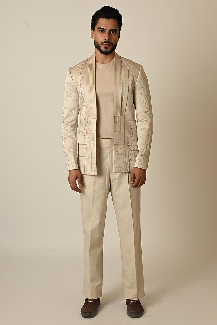 Pastel Pink Linen Satin Blend Threadwork Blazer by PAARSH at Pernia's Pop Up Shop