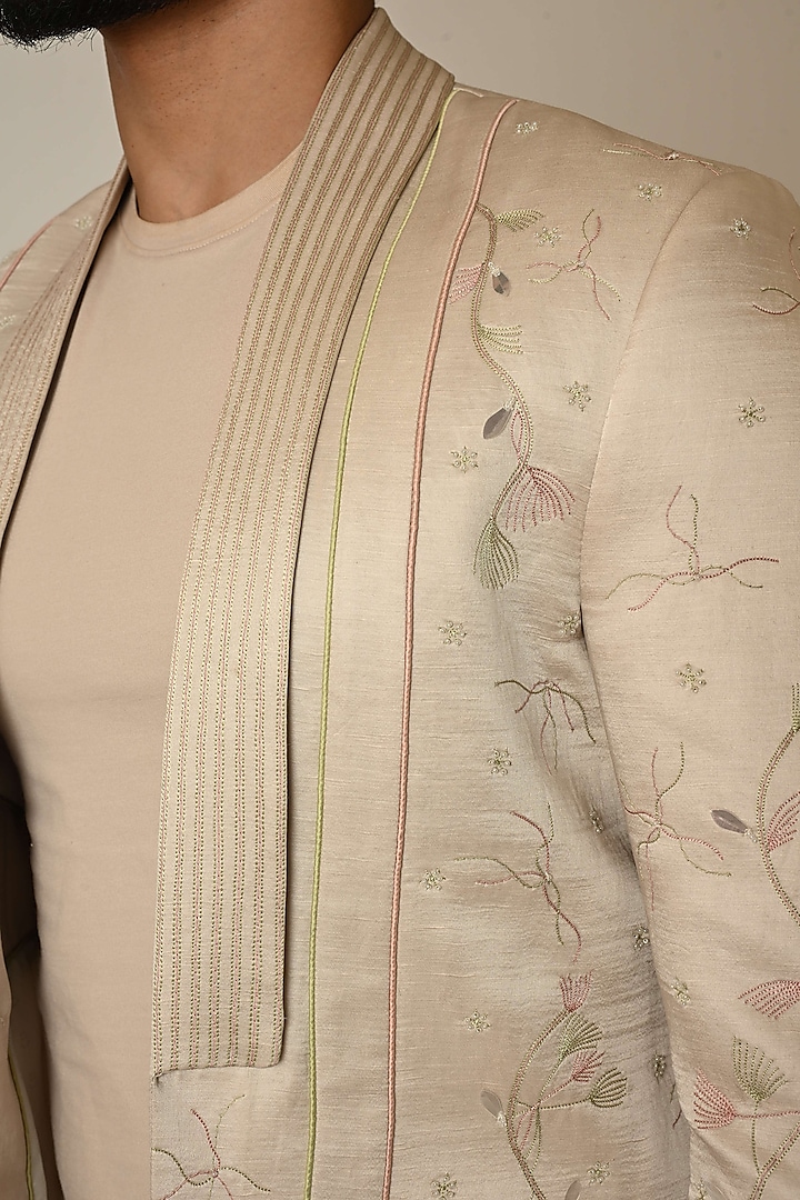 Pastel Pink Linen Satin Blend Threadwork Blazer by PAARSH at Pernia's Pop Up Shop