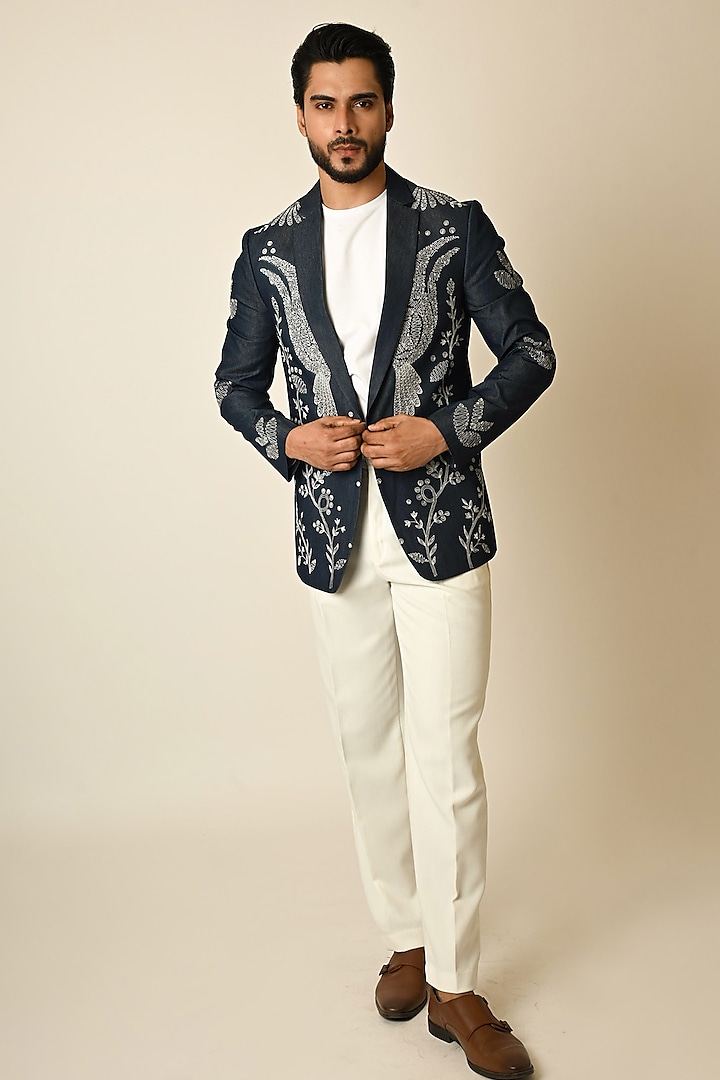 Dark Blue Denim Thread Embroidered Blazer by PAARSH