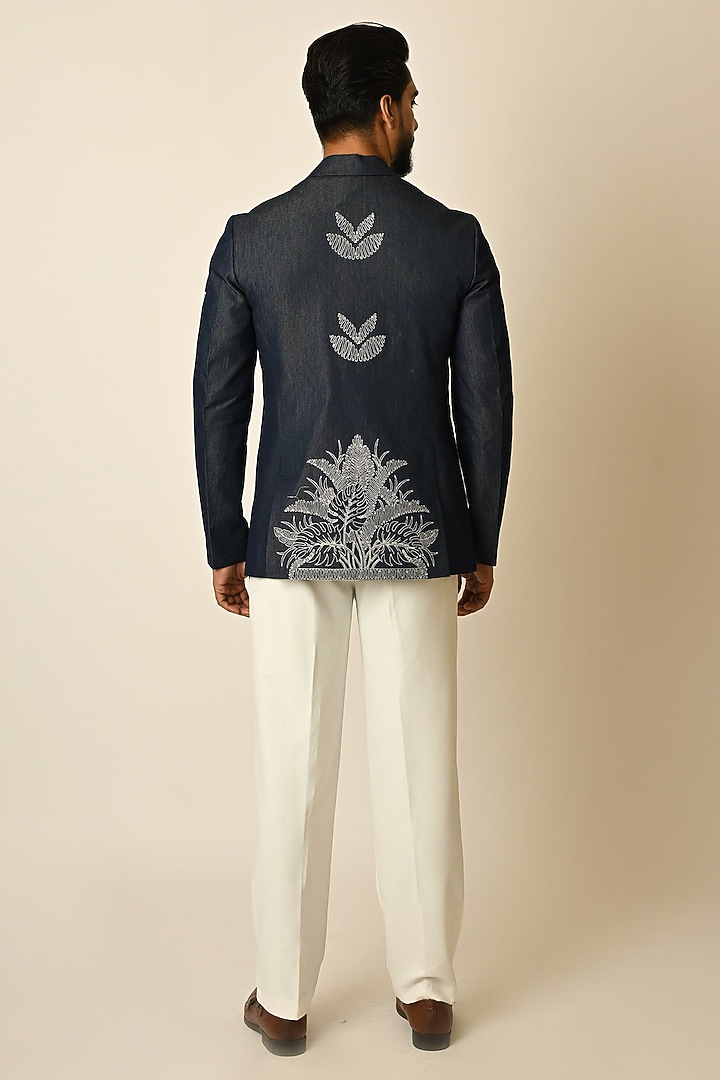 Dark Blue Denim Thread Embroidered Blazer by PAARSH at Pernia's Pop Up Shop